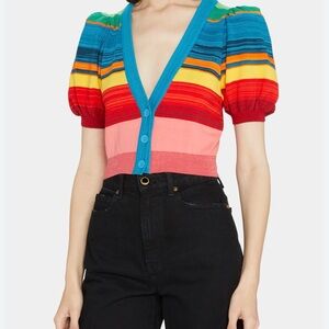 Alice + Olivia Romi Cropped Rainbow Striped Cardigan Sweater Size Large